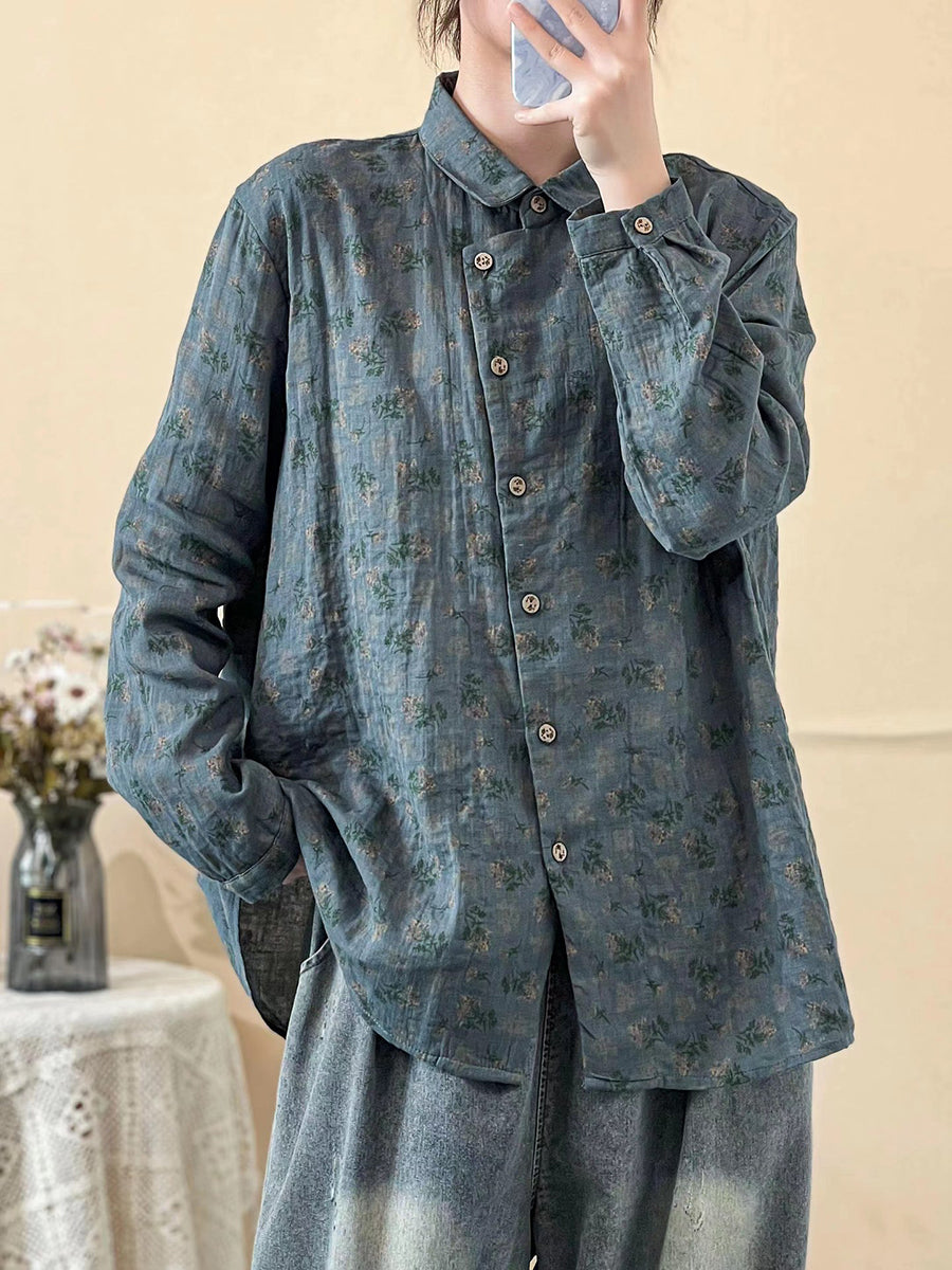 Chemise à manches longues à imprimé floral vintage pour femme