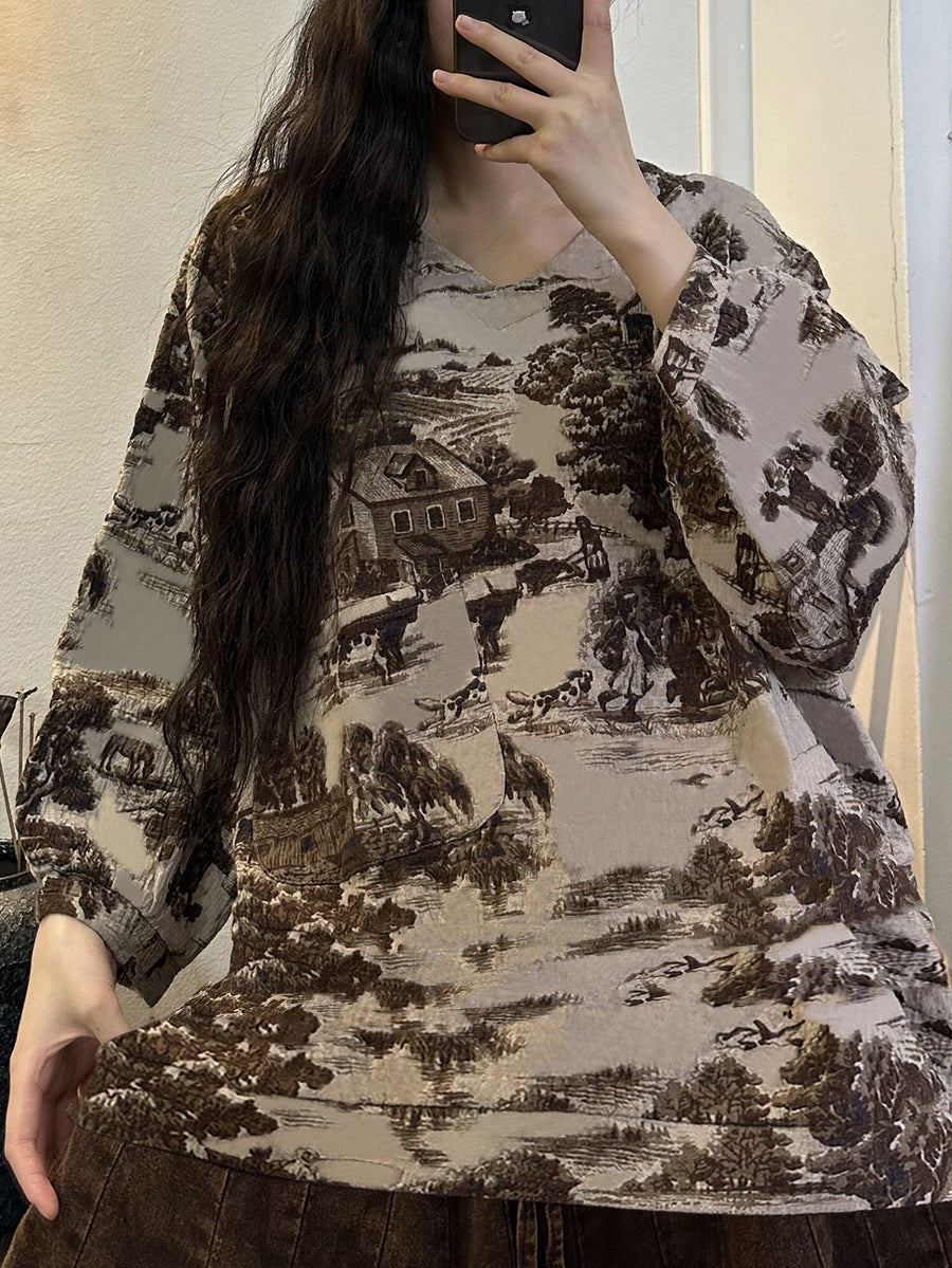 Camicia a maniche lunghe con scollo a V e stampa vintage da donna