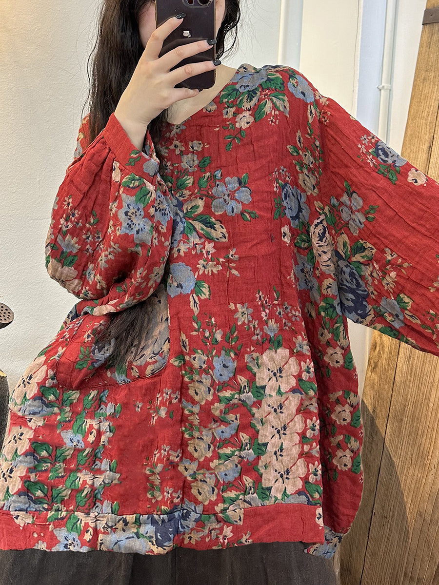 Camicia a maniche lunghe con scollo a V e stampa vintage da donna