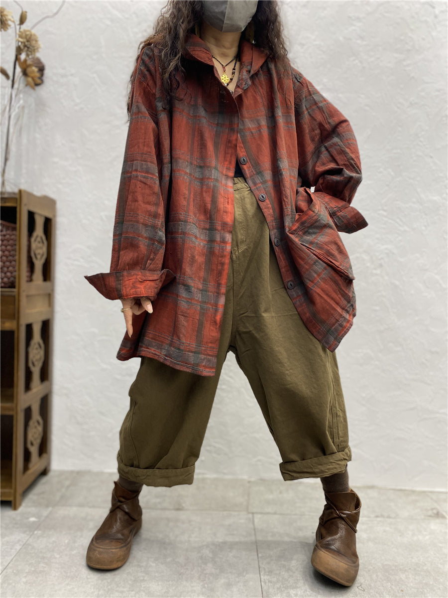 Women Vintage Plaid Spring Hooded Shirt Coat