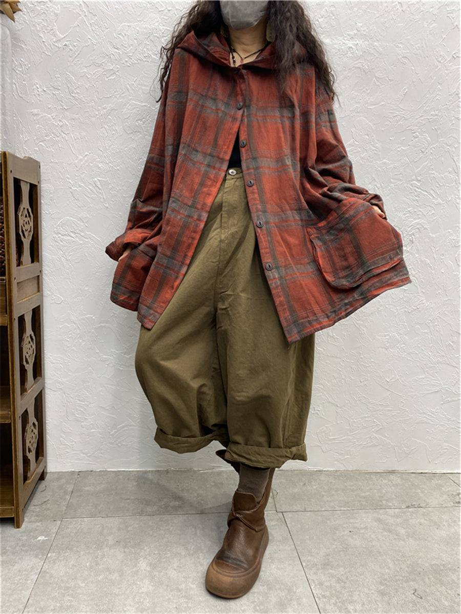 Women Vintage Plaid Spring Hooded Shirt Coat
