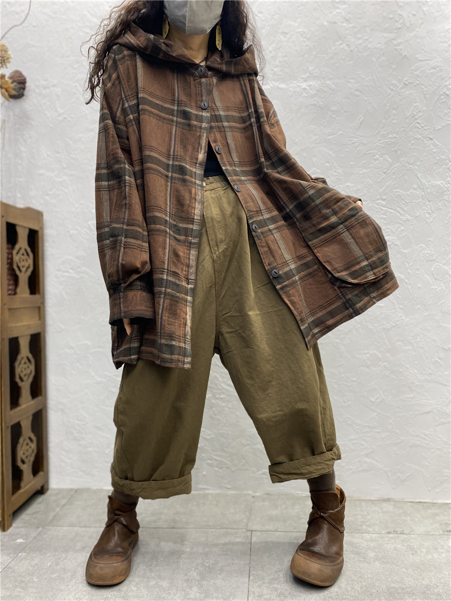 Women Vintage Plaid Spring Hooded Shirt Coat