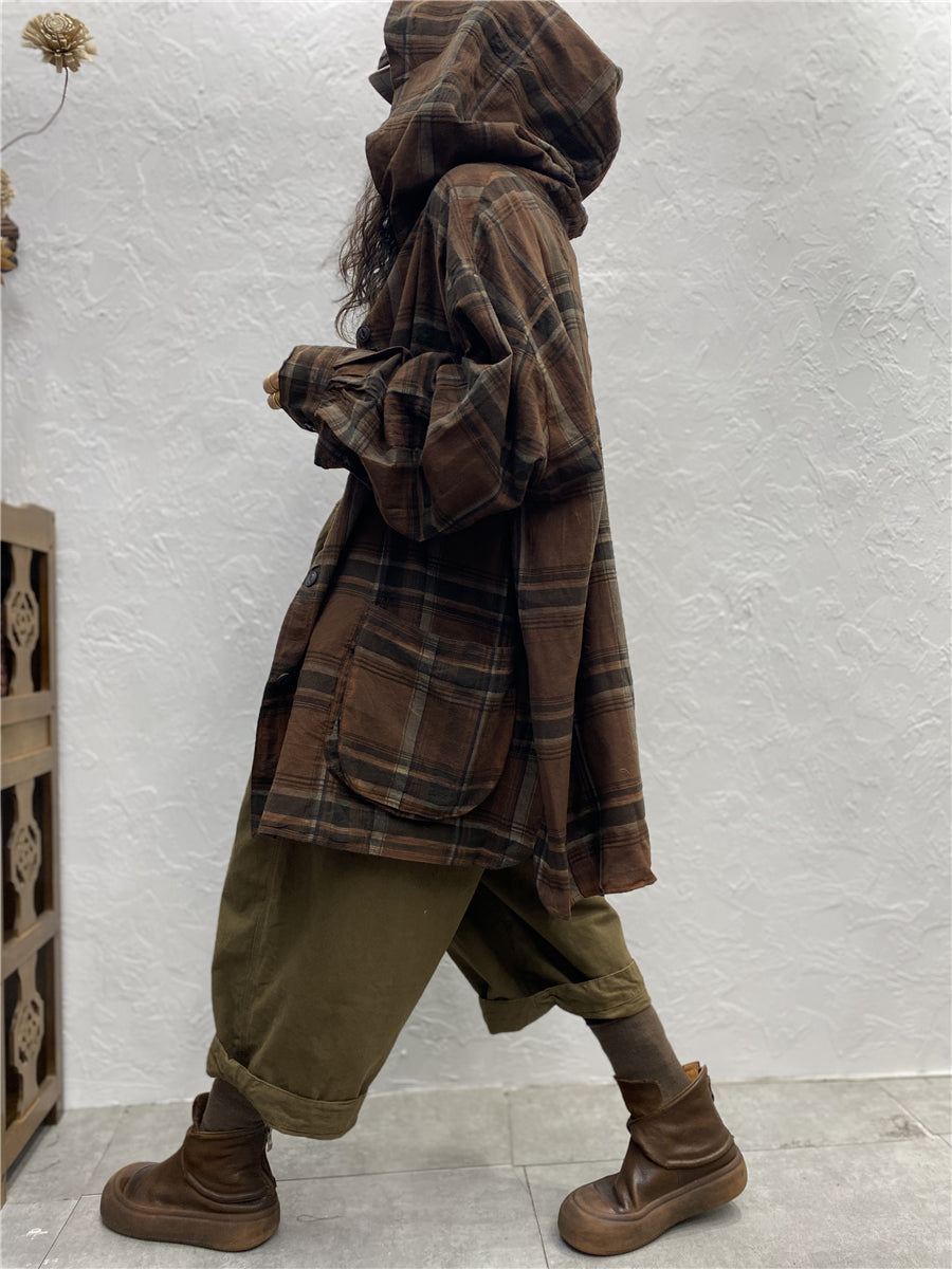 Women Vintage Plaid Spring Hooded Shirt Coat