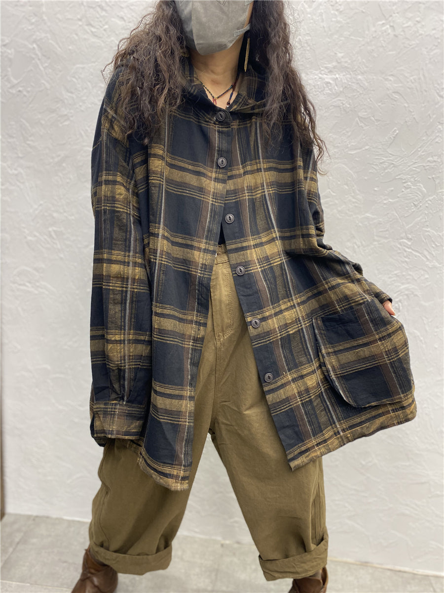 Women Vintage Plaid Spring Hooded Shirt Coat