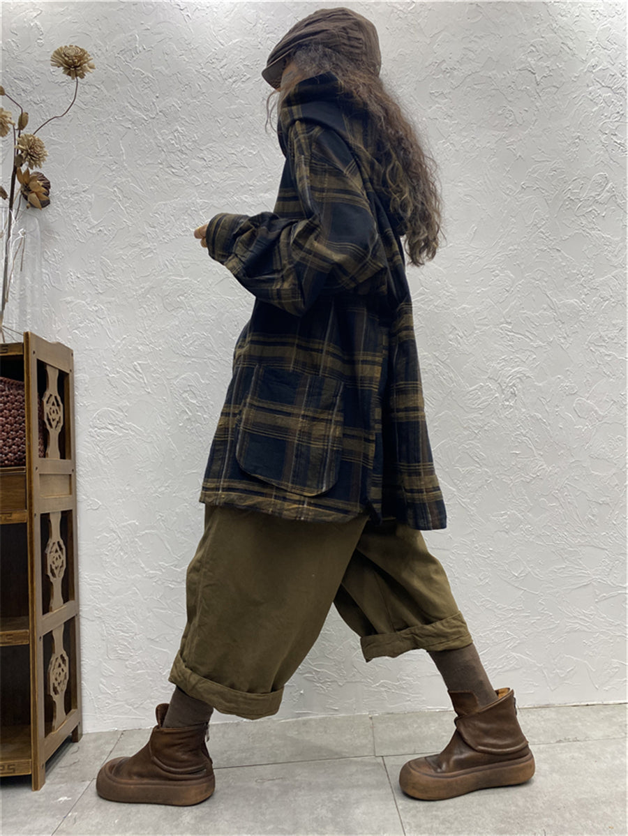 Women Vintage Plaid Spring Hooded Shirt Coat
