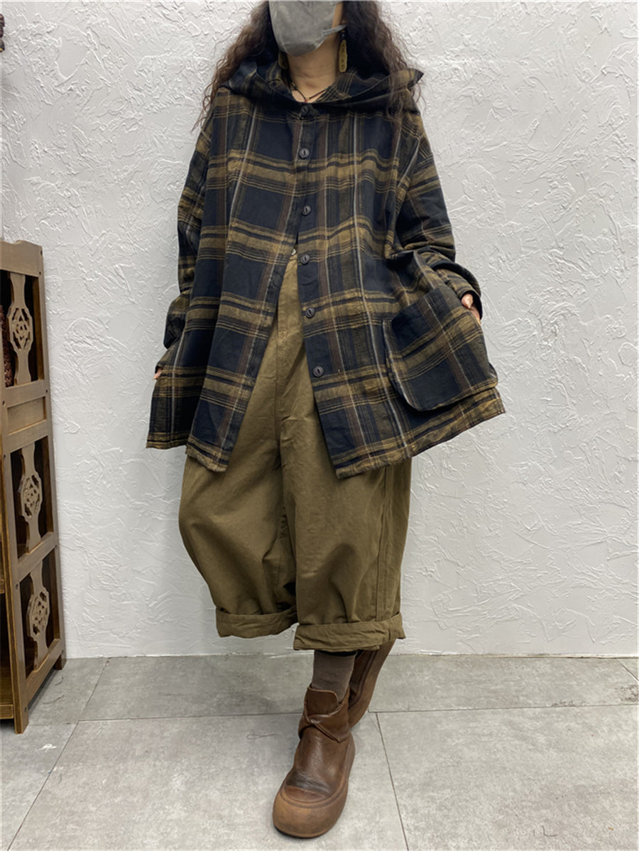 Women Vintage Plaid Spring Hooded Shirt Coat