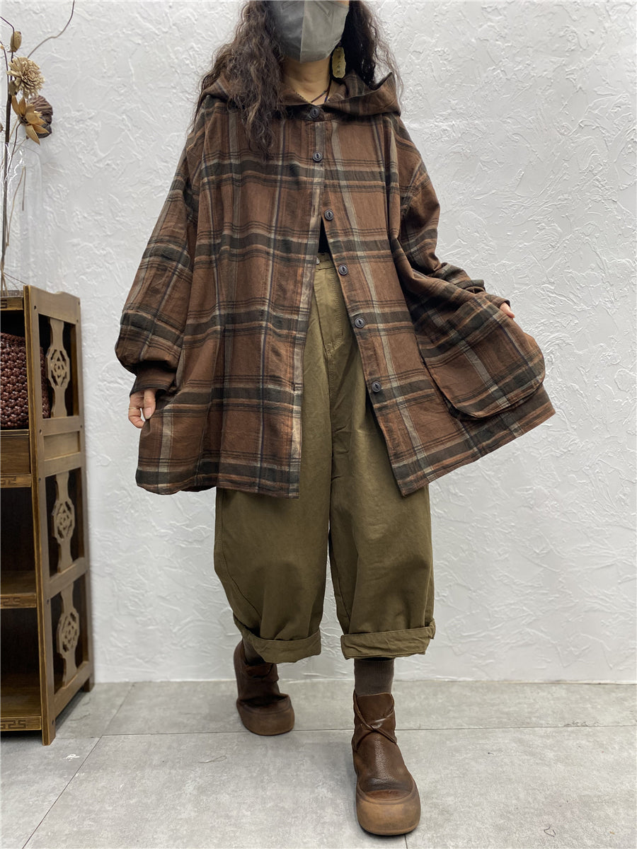 Women Vintage Plaid Spring Hooded Shirt Coat