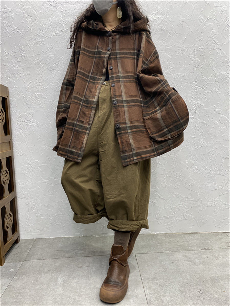 Women Vintage Plaid Spring Hooded Shirt Coat