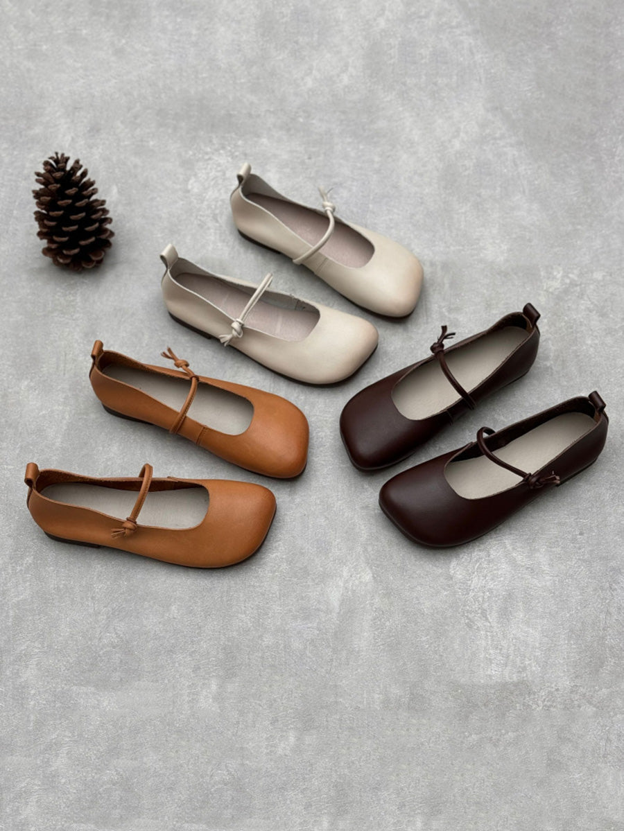 Scarpe casual da donna in pelle tinta unita con punta quadrata primaverili