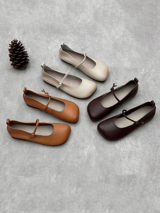 Scarpe casual da donna in pelle tinta unita con punta quadrata primaverili
