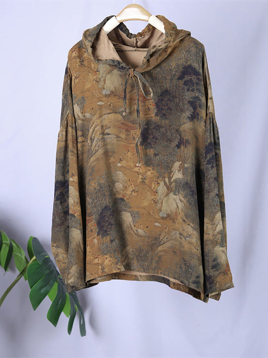 Felpa con cappuccio primaverile con stampa vintage da donna
