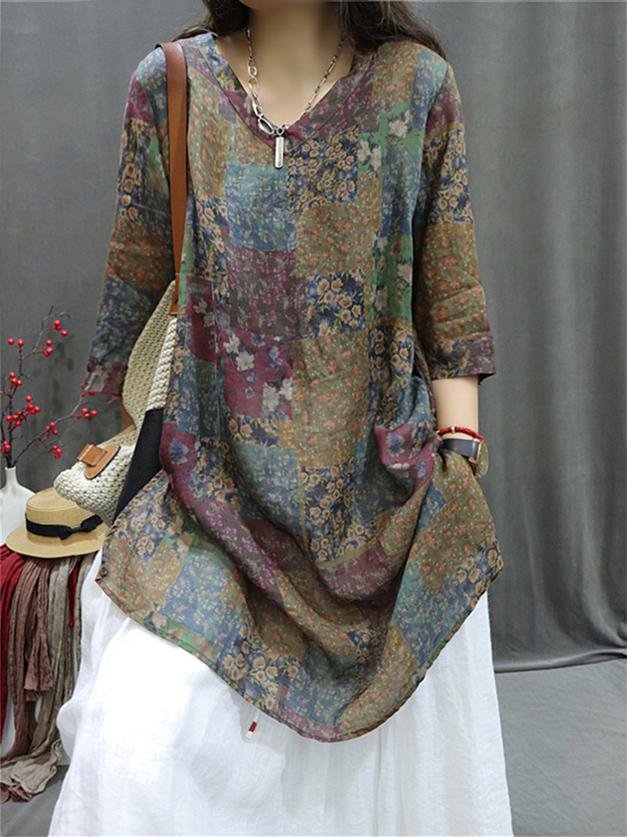 Women Summer Retro Spliced VNeck Loose Long Shirt