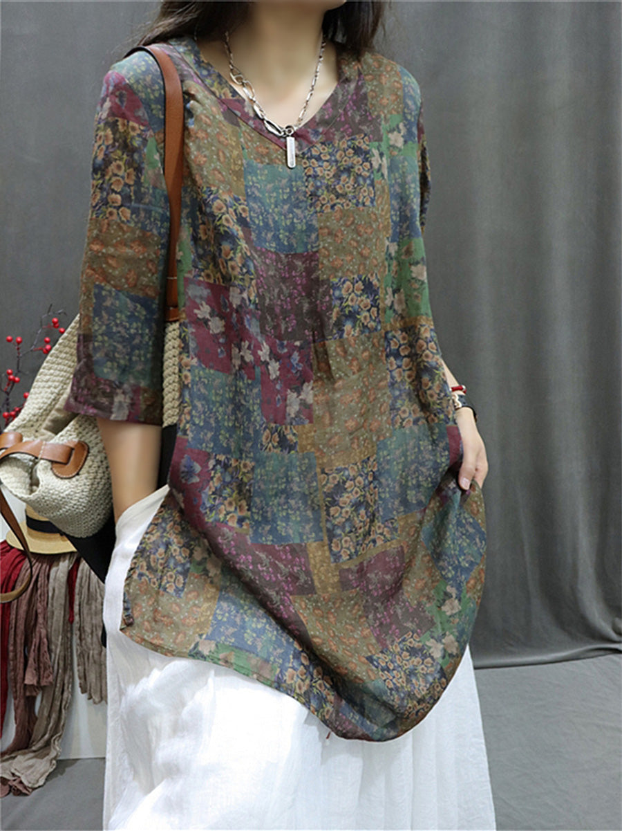 Women Summer Retro Spliced VNeck Loose Long Shirt