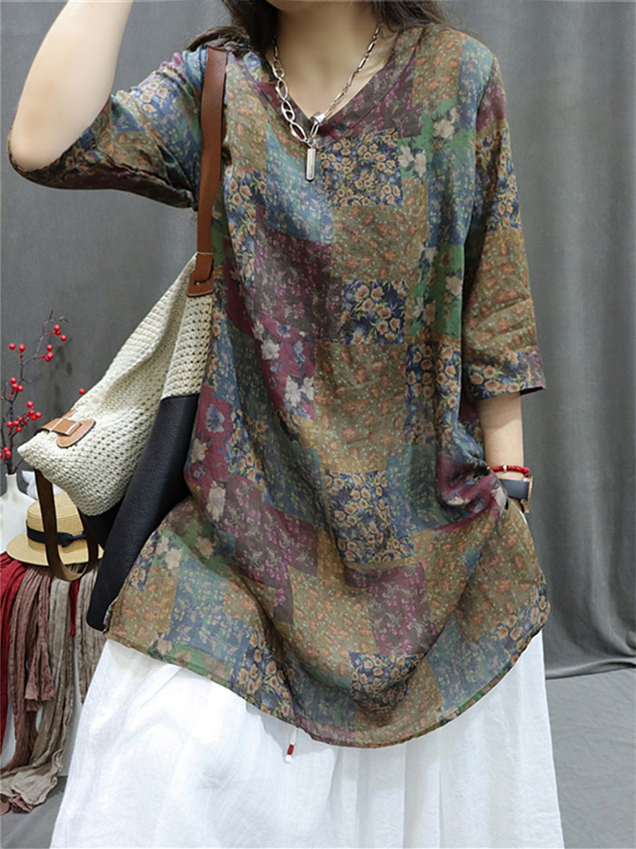 Women Summer Retro Spliced VNeck Loose Long Shirt