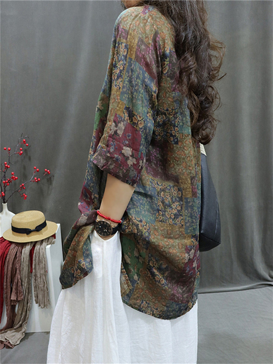 Women Summer Retro Spliced VNeck Loose Long Shirt