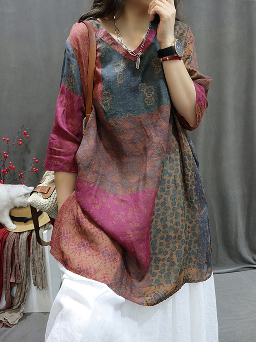 Women Summer Retro Spliced VNeck Loose Long Shirt