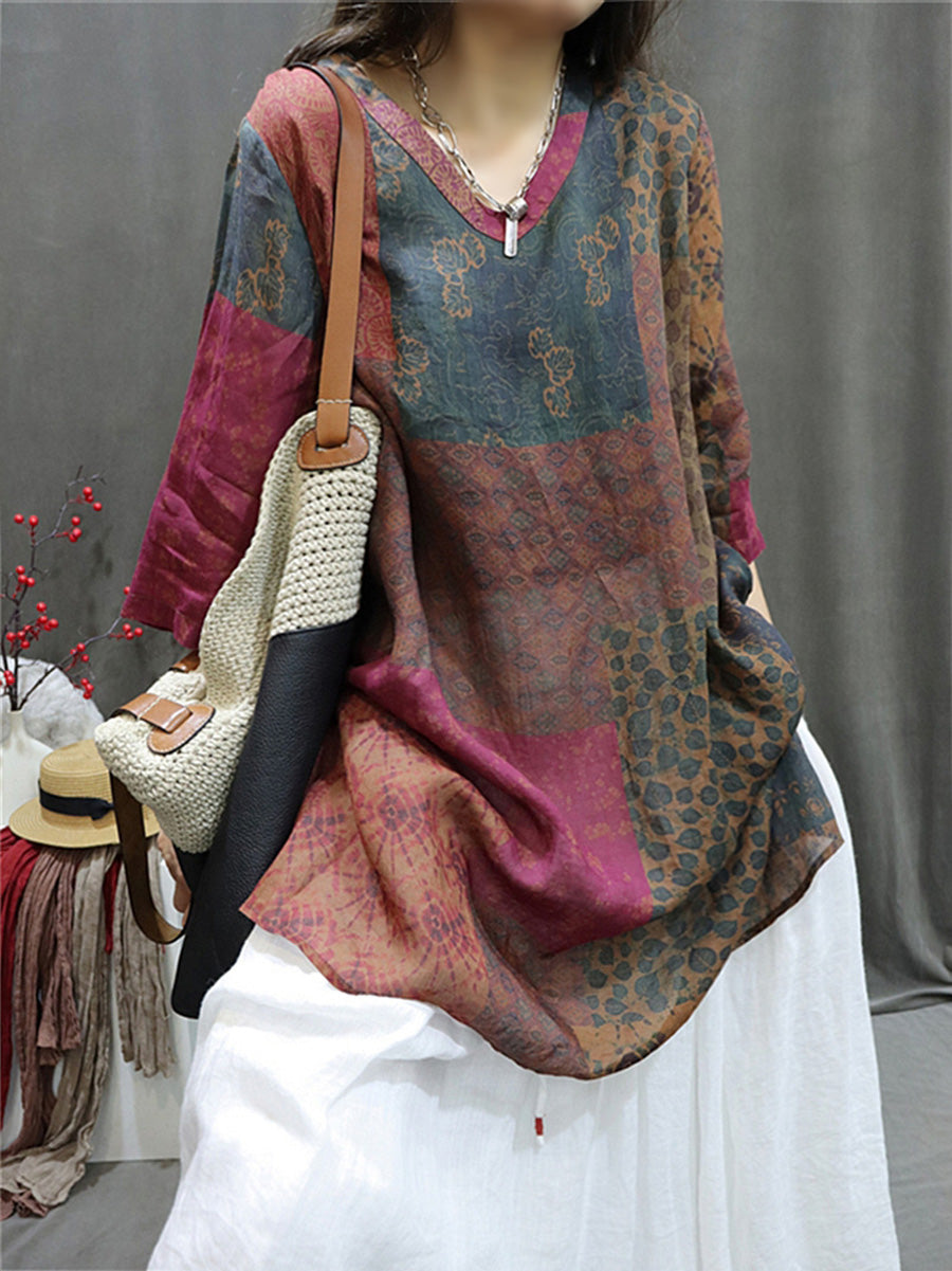 Women Summer Retro Spliced VNeck Loose Long Shirt