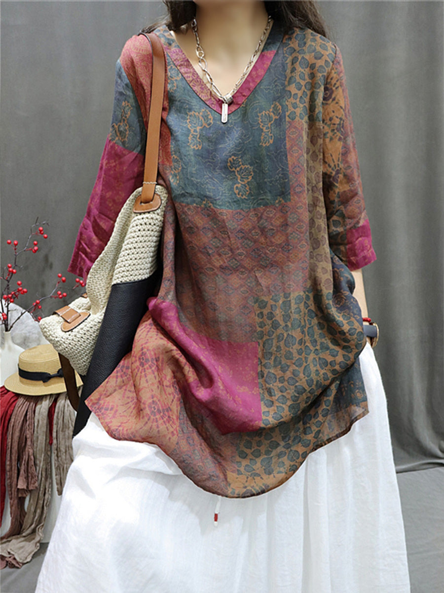 Women Summer Retro Spliced VNeck Loose Long Shirt