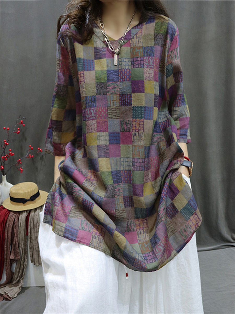 Women Summer Retro Spliced VNeck Loose Long Shirt