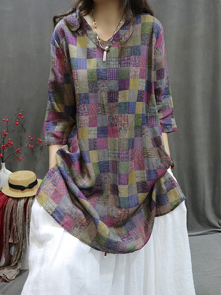 Women Summer Retro Spliced VNeck Loose Long Shirt