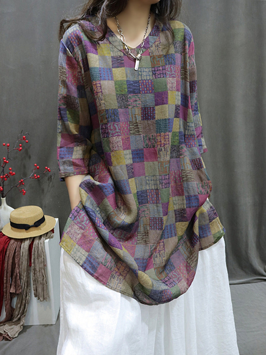 Women Summer Retro Spliced VNeck Loose Long Shirt