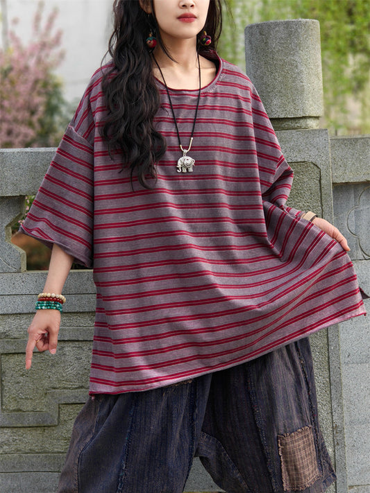 Camicia casual estiva a righe in cotone da donna