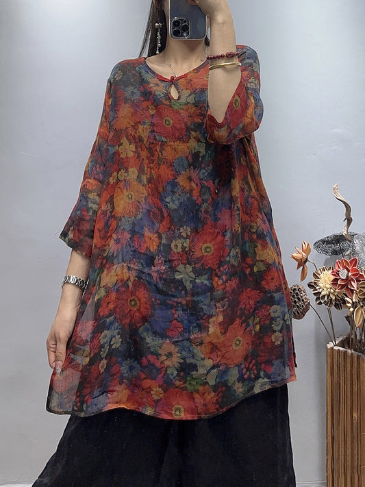 Camicia da donna vintage con fiori estivi in ​​ramiè