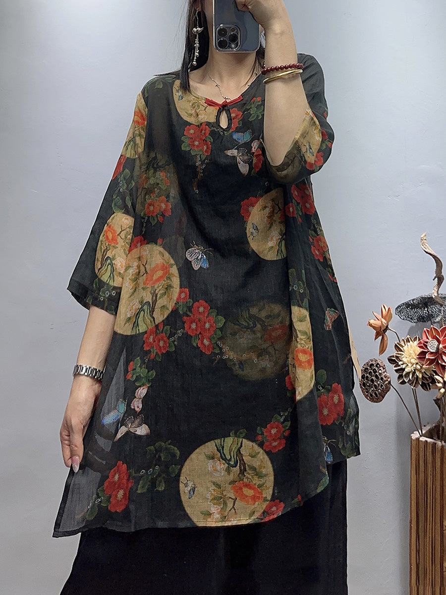 Camicia da donna vintage con fiori estivi in ​​ramiè