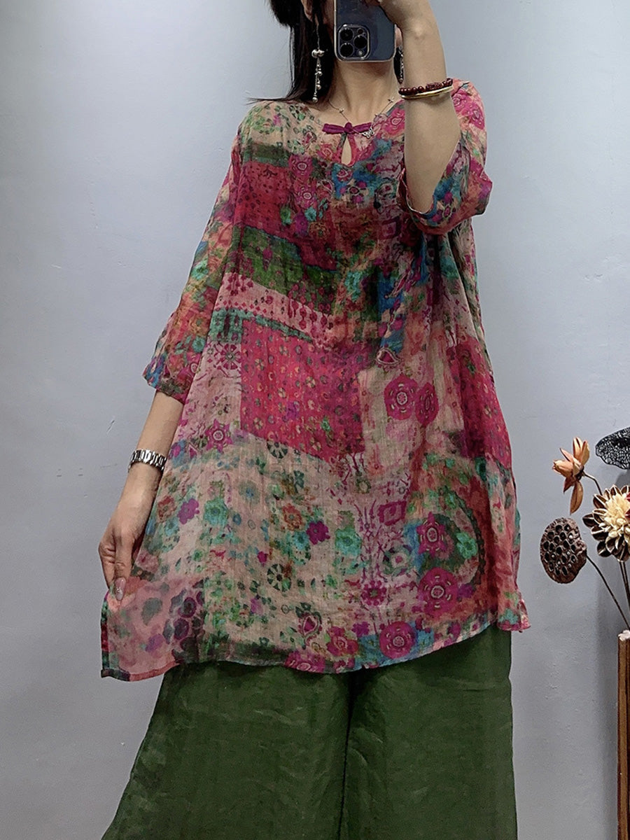 Camicia da donna vintage con fiori estivi in ​​ramiè