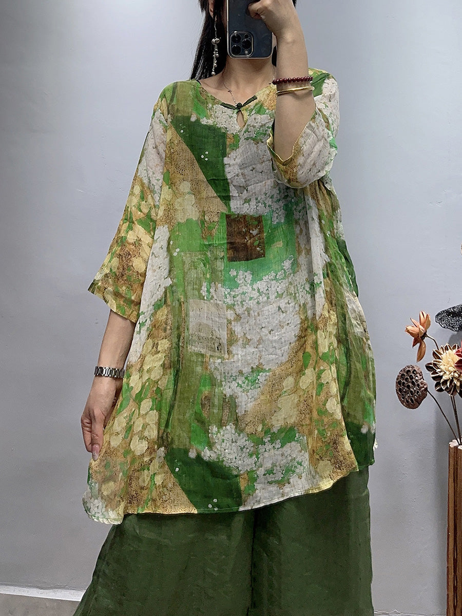 Camicia da donna vintage con fiori estivi in ​​ramiè