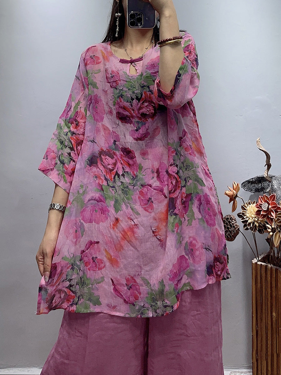Camicia da donna vintage con fiori estivi in ​​ramiè