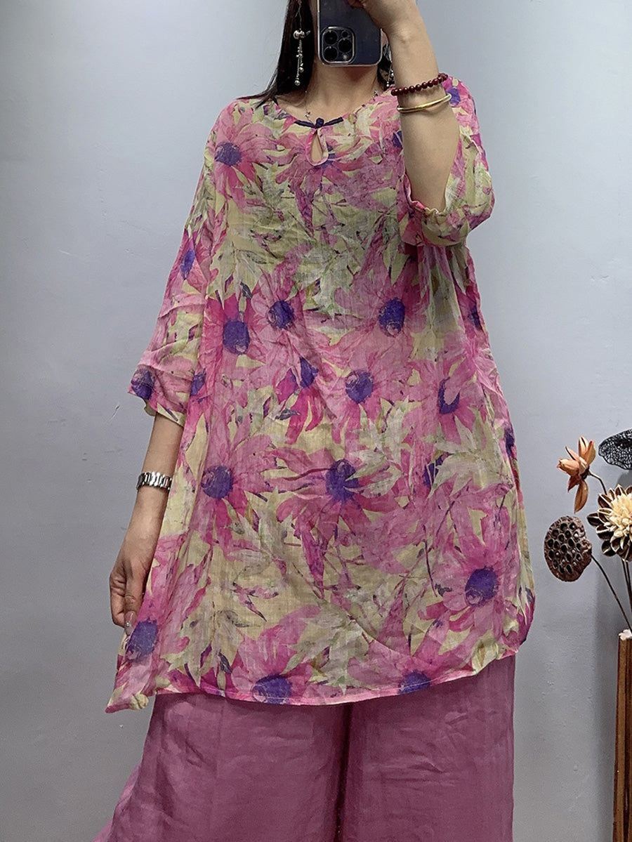 Camicia da donna vintage con fiori estivi in ​​ramiè