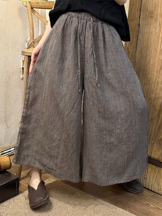 Pantalon large en coton et lin à carreaux pour femme