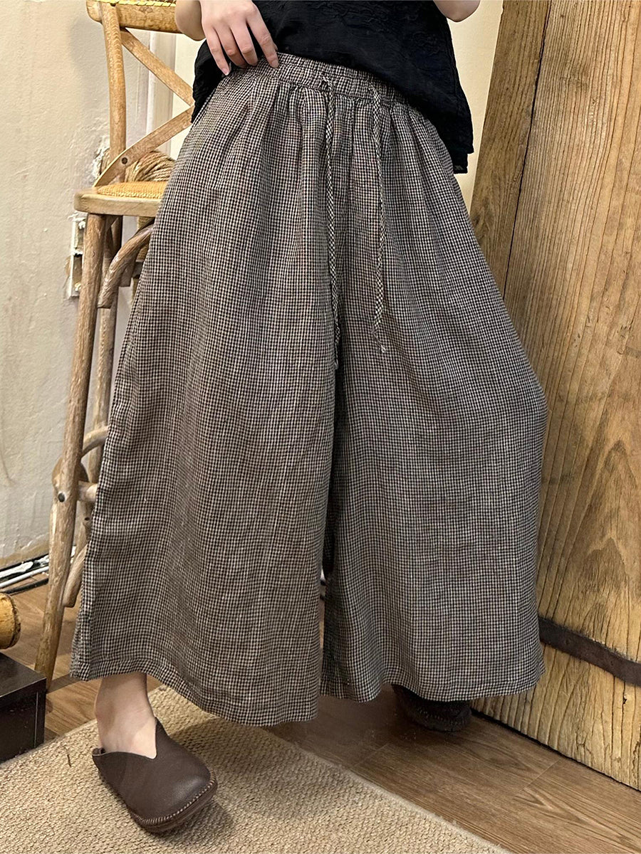 Pantalon large en coton et lin à carreaux pour femme