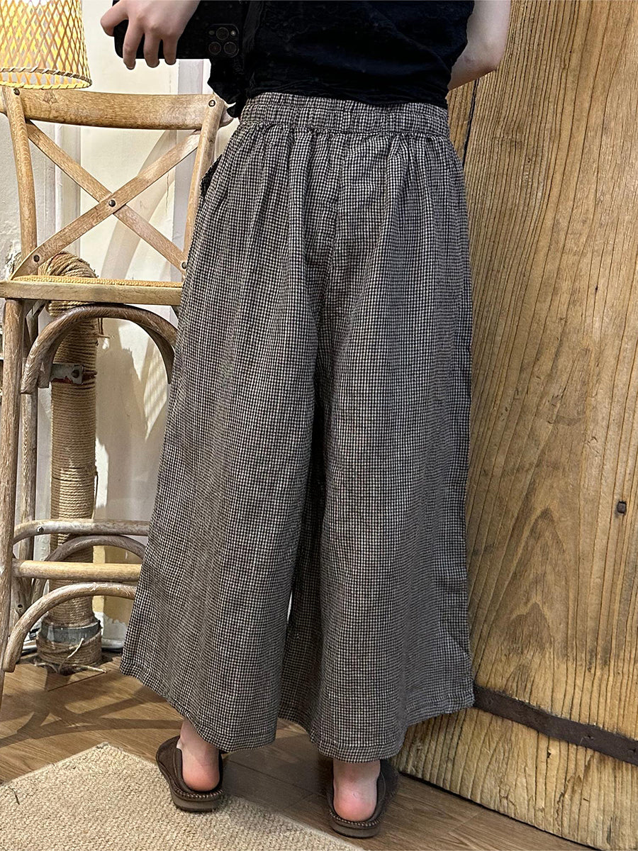 Pantalon large en coton et lin à carreaux pour femme