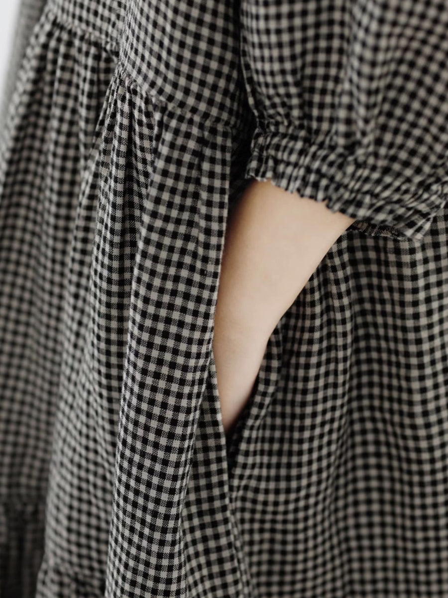Women Artsy Plaid Spliced 100%Cotton Tiered Dress