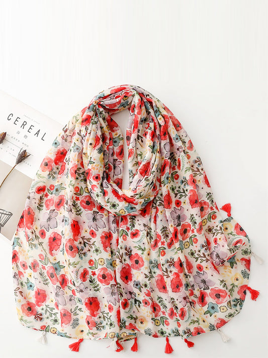 Sciarpa scialle con nappe e fiori artistici da viaggio per donna