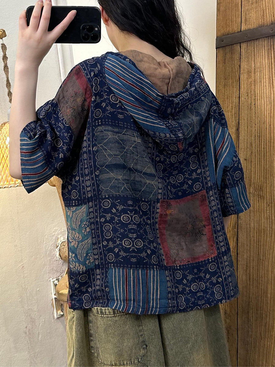 Maglietta con cappuccio in cotone con stampa retrò estiva da donna