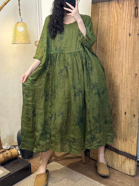 Vestito estivo vintage da donna con cinturino a scollo a V in ramiè