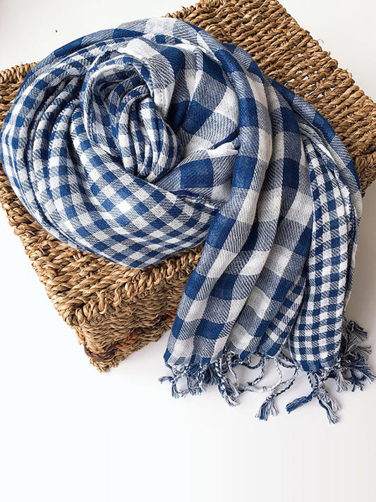 Sciarpa scialle con nappe a quadri in 100% cotone da donna