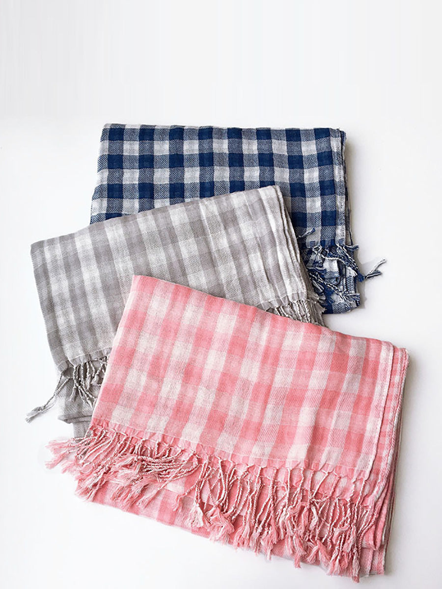 Women 100%Cotton Plaid Tassel Shawl Scarf