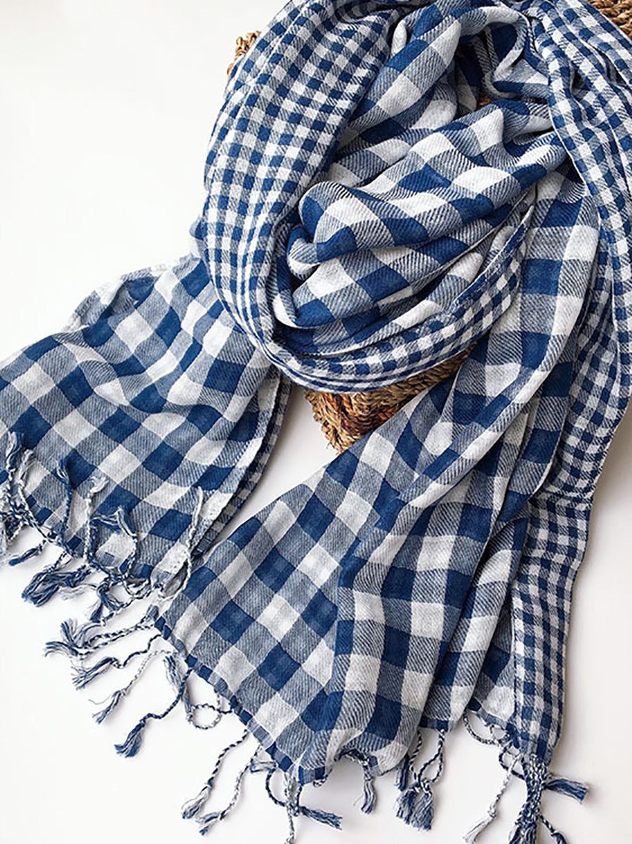 Women 100%Cotton Plaid Tassel Shawl Scarf