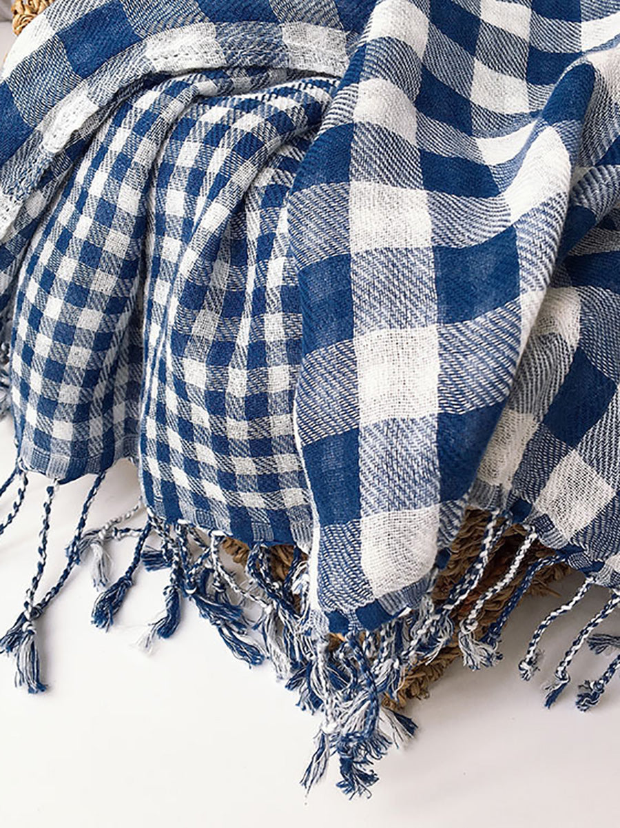 Women 100%Cotton Plaid Tassel Shawl Scarf