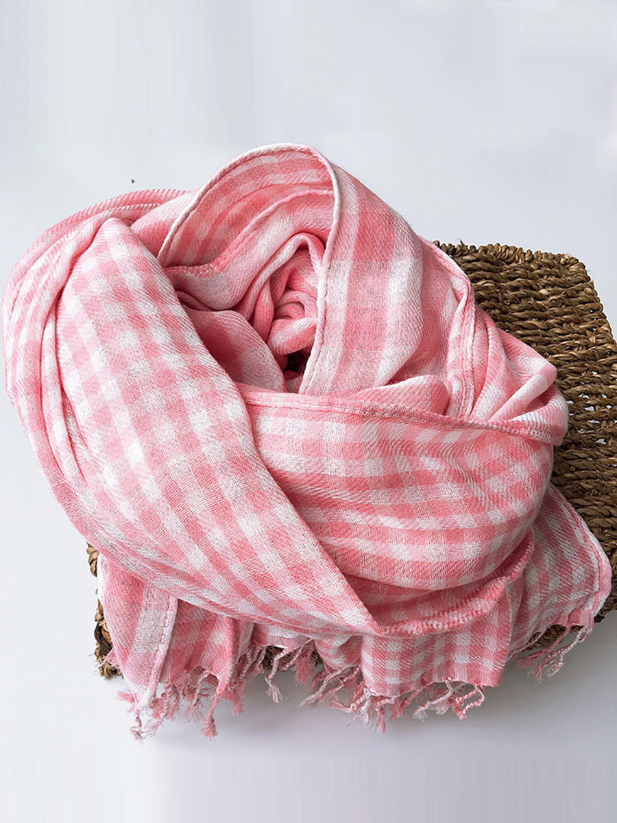 Women 100%Cotton Plaid Tassel Shawl Scarf
