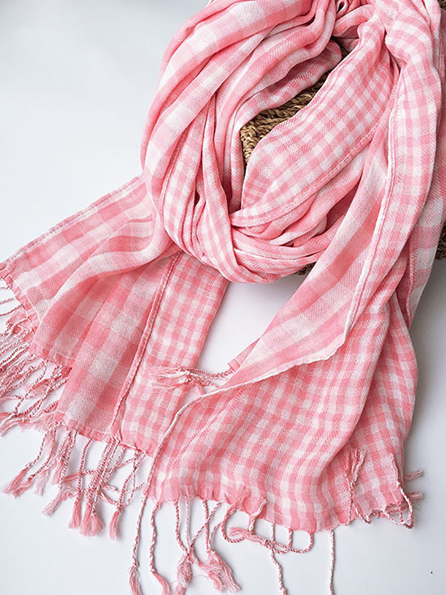 Women 100%Cotton Plaid Tassel Shawl Scarf