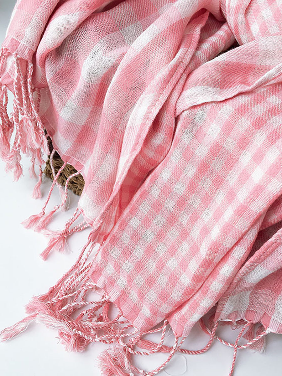 Women 100%Cotton Plaid Tassel Shawl Scarf