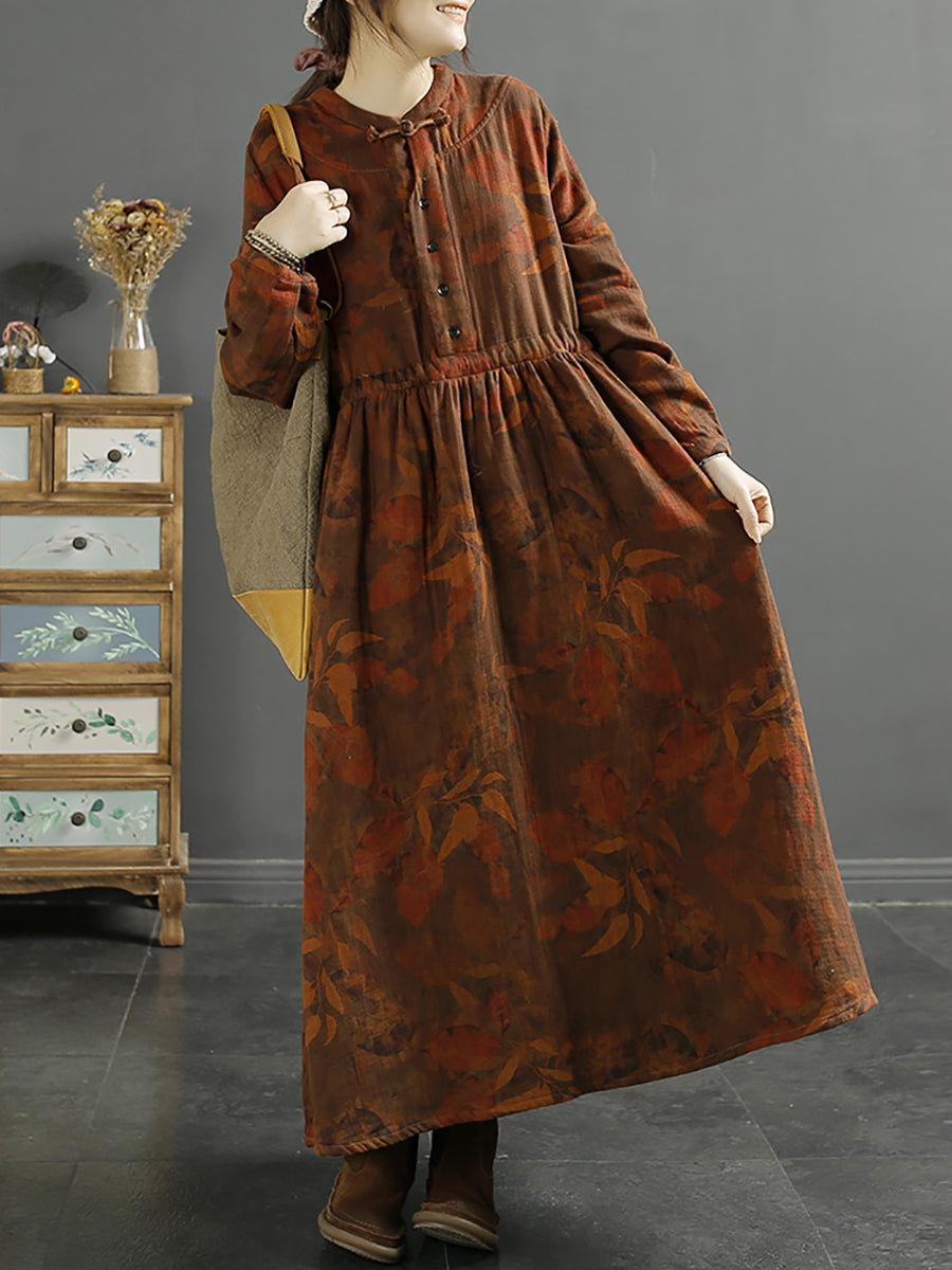 Abito da donna in cotone con stampa a foglia vintage autunnale