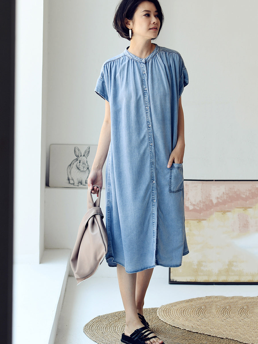 Vestito estivo casual da donna in denim blu tinta unita 