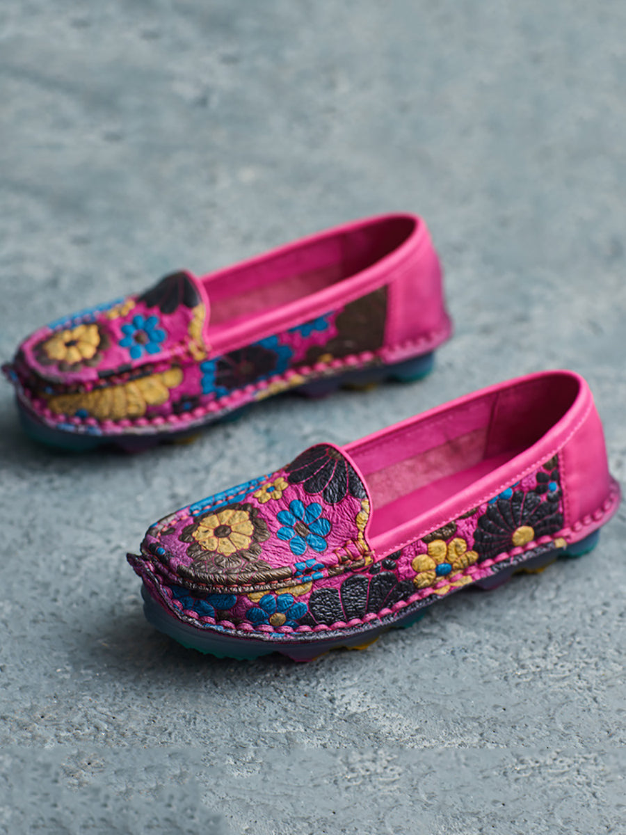 Scarpe piatte morbide in pelle con fiori estivi da donna
