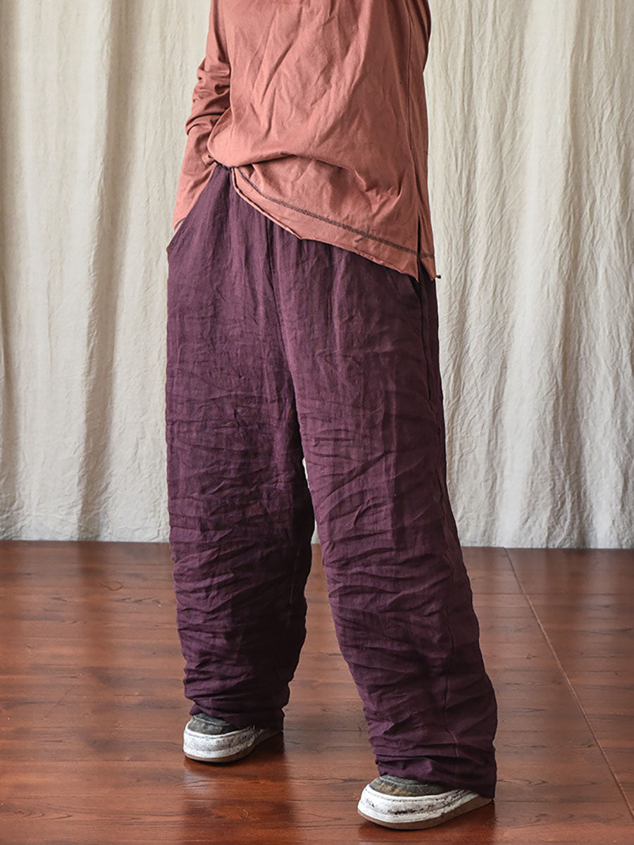 Pantalon en lin décontracté pour femme, couleur unie, ample, taille élastique